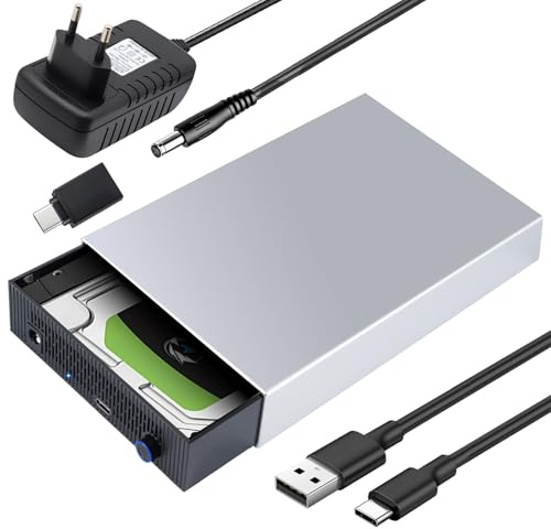 USB 3.1 Festplattengehäuse UASP Externes Gehäuse für 2,5 & 3.5 SATA HDD und SSD, 24TB 5Gbps HDD Case für Windows/Mac/Vista mit Type-C Adapter, USB 3.0 Kabel und 12V 2A Netzteil