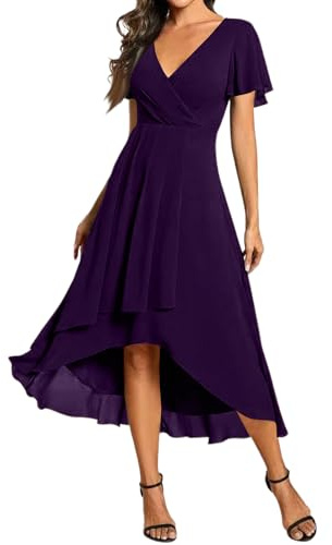 Robe Femme Chic et Elégante pour Mariage - Robes de Cérémonie High-Low en Mousseline à Manches Papillon - Robe de Soirée Coupe Trapèze Fluide Col V Couleur Unie
