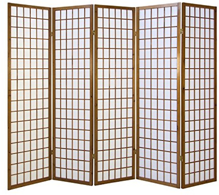 Homestyle4u Paravent Raumteiler 5 teilig Reispapier Braun Weiß, 175 cm | Sichtschutz Raumtrenner aus Reispapier und Holz