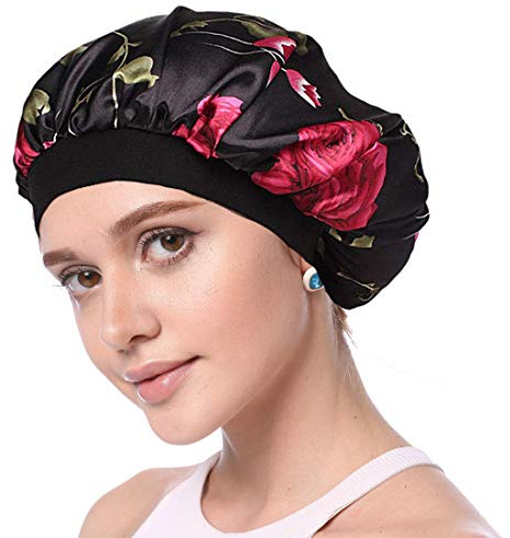 Simoda Satin Floral Night Cap für lockiges Haar Elastisches Band Schlafmütze Haarpflege Satin Haube
