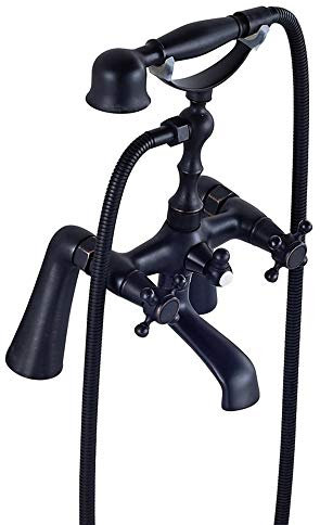 GLYYR Retro Nostalgie Badewannenarmatur Mit Handbrause Schwarz Messing Deck Montiert Badewanne Mischbatterie Dusche Mit Umsteller Fürs Badezimmer