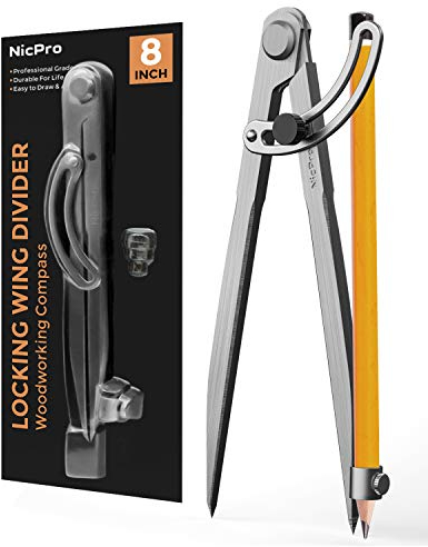 Nicpro 8 Inch Compass for Woodworking with Wing and Pencil Holder, Professional Carpenter Pencil Compass Great for Geometry, Drawing, Drafting