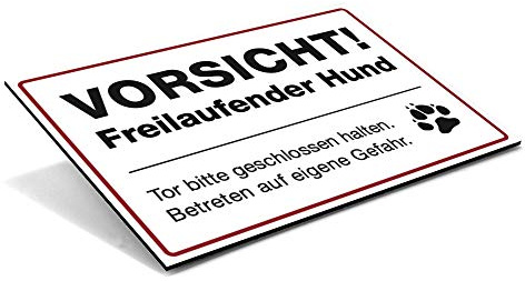 Schild VORSICHT! Freilaufender Hund für den Gartenzaun – Warnung vor dem Hund – wetterfestes Alu-Verbund Hundewarnschild (300 x 200 x 4 mm | Weiß)