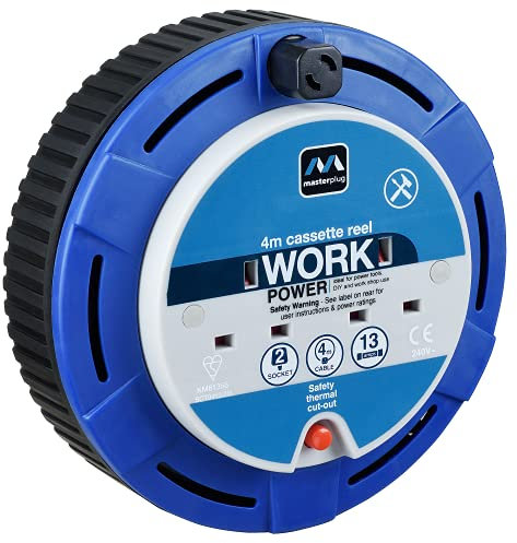 Masterplug Two Socket, 4 Metre Cassette Reel, Small Extension Lead Cable Reel, Wind-Up Retractable Power Cord Reel, Thermal Cut Out, Work Power, Blue/Black, 13A, 2G, 4m, SCT0413/2BL