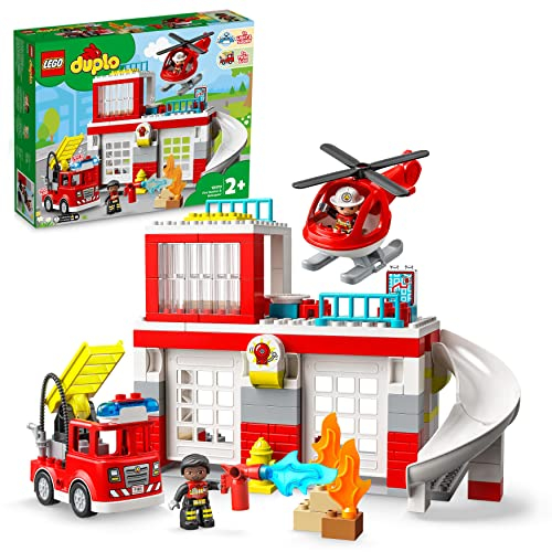 Lego 10970 DUPLO Feuerwehrwache mit Hubschrauber, Feuerwehr-Spielzeug für Kleinkinder ab 2 Jahre mit Feuerwehrauto