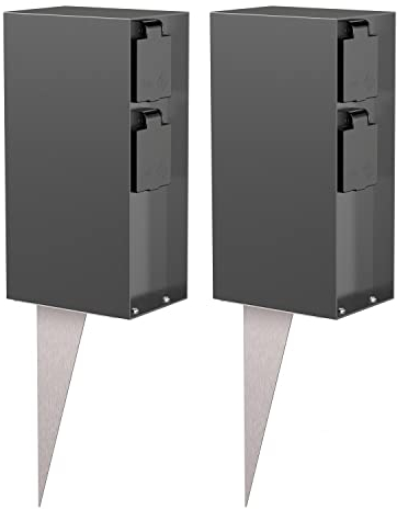 ledscom.de 2 Stück Garten-Steckdosen-Säule POMI mit Erdspieß für außen, IP44, 4-fach, anthrazit, eckig, 23cm