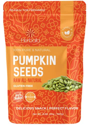 Herbaila Pumpkin Seeds Raw Unsalted, 2 lbs. Pepitas Raw Pumpkin Seeds Unsalted, Pumpkin Seed, Shelled Pumpkin Seeds, Unsalted. All Natural, Non-GMO, Shelled Raw Pepitas Pumpkin Seeds 32oz.