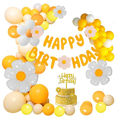 129 Stück Gänseblümchen Ballon Bogen Girlande Kit - Weiß Gelb Orange Boho Party Dekorationen mit Happy Birthday Banner für Thema Hochzeit