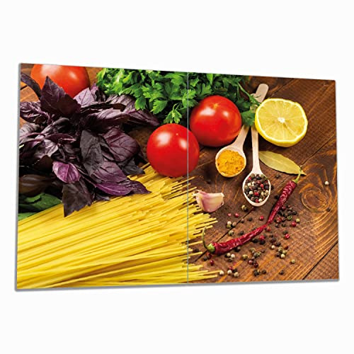 Wallario Herdabdeckplatte/Spritzschutz aus Glas, 2-teilig, 80x52cm, für Ceran- und Induktionsherde, Italienisches Menü mit Spaghetti, Tomaten, Basilikum und Gewürzen