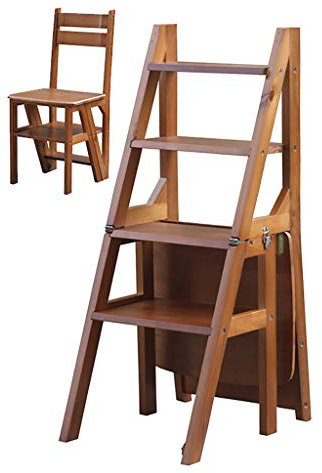 CHEMYO Tritthocker 4-Schicht-Klappstuhl, Massivholzstuhl, kreativ transformierender Klappleiter-Hocker, multifunktionaler Küchen-Büro-natürlicher Bambus-Treppenstuhl mit doppeltem Verwendungszweck