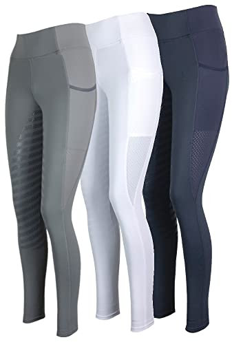 Lazura - Kinder Sommer Reitleggings Lea | Vollbesatz aus Silikon | Reithose in Weiß mit Handytaschen | atmungsaktiv durch seitliche Mesh-Einsätze | Größe 140/146