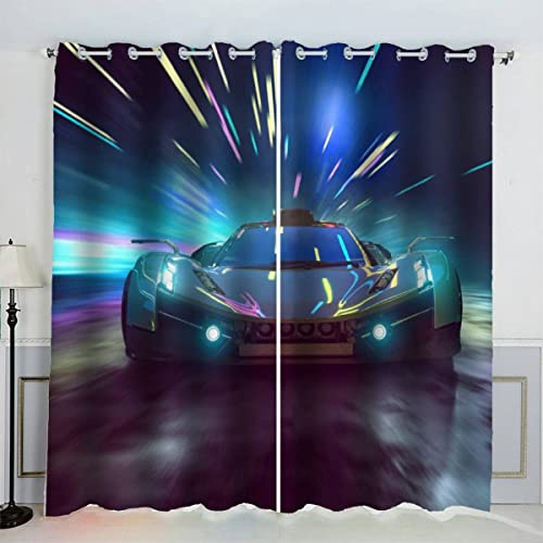 VASENA Sportwagen Vorhänge Blickdicht mit Ösen 2er Set Kindervorhänge 3D Gedruckt Rennauto Gardinen Modern Home Dekoration (183x214 cm)