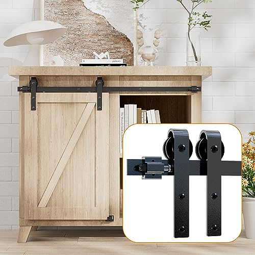 CCJH 91CM/3FT Mini Schiebetürbeschlag Set Schiebetürsystem Gleitschiene Holzschiebetür Schwarz für Eintürige TV-Ständer, Kleiner Kleiderschrank (Keine Schranktür)