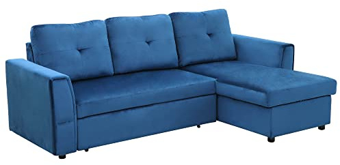 HOMCOM Divano Letto Angolare 3 Posti con Rivestimento Effetto Velluto, Chaise Longue con Contenitore, 232x141x85cm, Blu