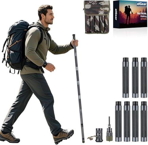 aiGear H2 Survive Walking Hiking Stick - Outdoor Tactical Hiking Staff Multitool Gear Adjustable Trekking Poles for Survival Camping Hiking 7 Tubes 48.22 inch (with Tool)