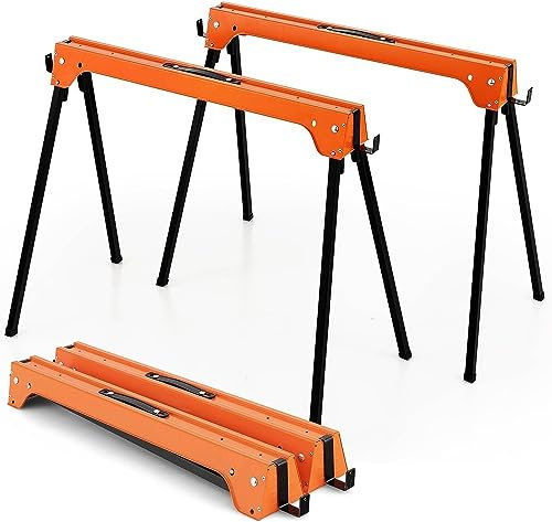 COSTWAY Folding Saw Horse Twin Pack, Heavy Duty Work Bench with 2 x 4 Support Arms & Carry Handle, Fully Assembled Trestle Stands Sawhorse, Max Load 454kg/1000kg (454kg, Orange, Metal, 92x48x74cm)
