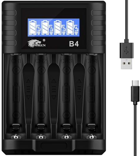 IMREN Caricabatterie AA AAA, 4 Slot per Batterie Ricaricabili 5V/2A a Carica Rapida con Display LCD per 1,2V 1,5V AA AAA NiMH/NiCD AA AAA (porta USB-C)