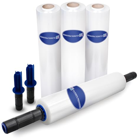 INTERNATIONELL PLASTICS CO. Stretch film rulle, 365 m 500% stretch industriell styrka 38 cm bred klar plastfolie med utökade handtag för lastpallsomslagning frakt flyttning (4-pack)
