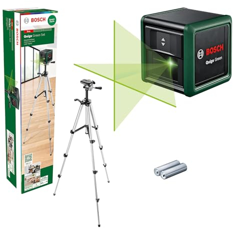 Bosch Home and Garden Kreuzlinienlaser Quigo Green mit Stativ (grüner Laser für bessere Sichtbarkeit, Gehäuse aus recyceltem Kunststoff, im Karton)
