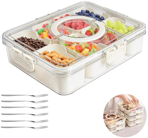 Nsiwem Snackbox mit Fächern, Organizer Box mit Deckel, Snackbox mit 8 Fächern, Tragbar Snackteller mit Deckel und Griff, Snackboxen Produkte Können mit Früchten, Süßigkeiten, Nüssen Usw. Gefüllt Werde
