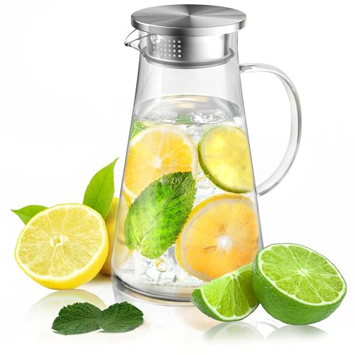 Arendo Jarra de vidrio con tapa de acero inoxidable de calidad alimentaria, vidrio de borosilicato 1,8L jarra de vidrio para agua, jarra de vidrio para bebidas, té helado agua caliente zumo café vino