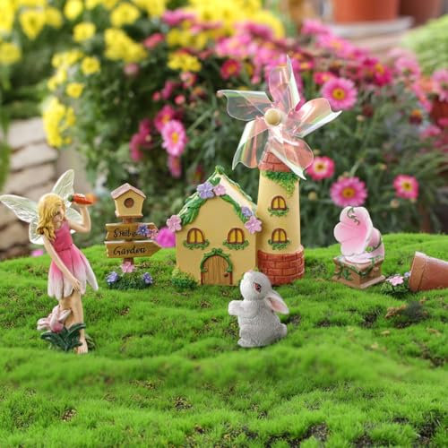 Fairy, Bunny and House Fairy House Garden Figurines Kit, Fairy House Kit with Rotatable Windmill, Magical Fairy Garden Set for Home Decor, Party Decor, Car Decor, Lawn Ornaments, Outdoor Decor