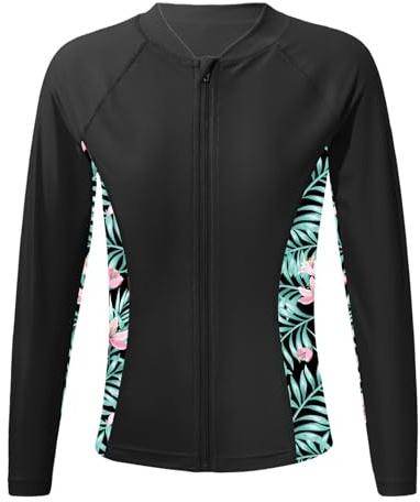 Yihuimin Kids Girls UPF 50+ Rash Guard Shirts Swim Zip Up Coat Athletic Tank Top Shirts Black 15-16 Years