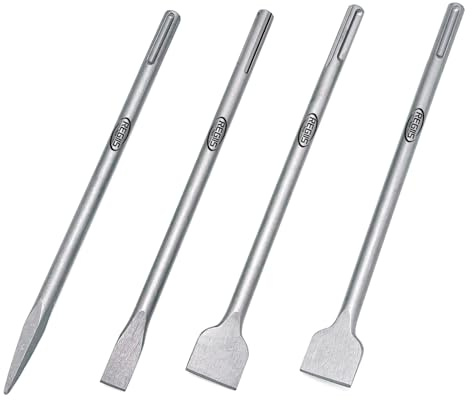 Regiis Tech Juego de 4 cinceles SDS MAX de 15.7 pulgadas, juego de brocas de hormigón para mampostería, brocas de cincel para extracción de azulejos para martillo rotativo con cinceles planos de punta