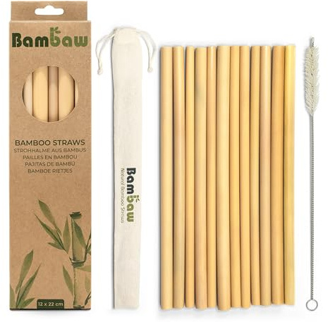 Bambaw Reusable Bamboo Drinking Straws, Reusable Straw, Strong & Durable, Biodegradable, Eco Friendly, BPA Free, Dishwasher Safe, Pack of 12 Straws - 22 cm