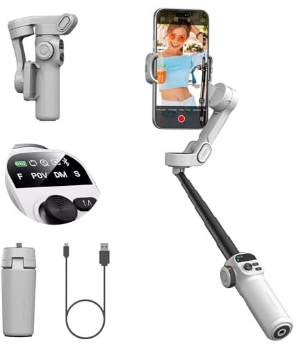 AOCHUAN Estabilizador de cardán Smart X2 para iPhone, varilla de extensión incorporada de 20 cm, cardán de mano de 3 ejes, trípode de seguimiento plegable con pantalla OLED, grabación de video, blanco