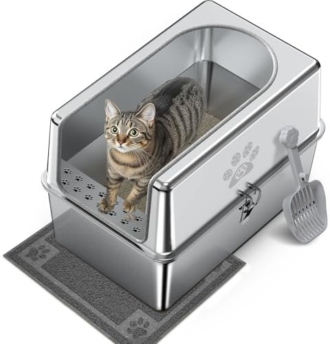 PTLOM Enclosed Stainless Steel Cat Litter Tray with Lid, Metal Litter Tray for Cats, Extra Large Cat Toilet with High Side, Non-Stick, Anti-Leakage, Odorless, with Cats Litter Mat & Litter Scoop
