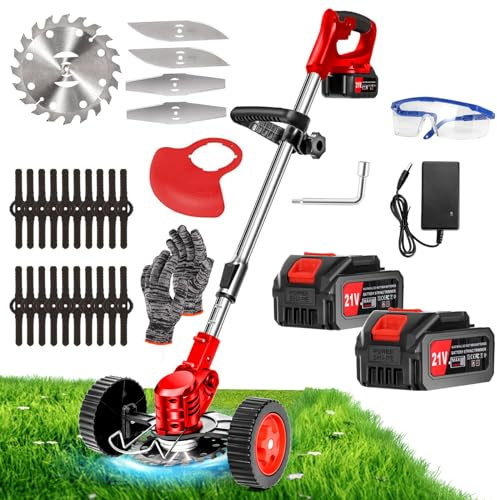 Decespugliatore a Batteria 21V Tagliabordi a Batteria, Tagliabordi Elettrico con 2 4.0Ah Batterie e 4 Tipi di Lame, Ruote Rimovibili, Decespugliatori da Giardino per Prati, Arbusti