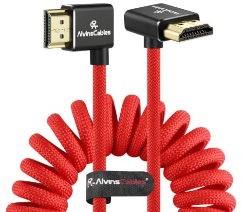 Alvin's Cables Câble HDMI 2.1 8K 8K@60Hz 4K@120Hz Câble spirale tressé haute vitesse pour Atomos Ninja, Feelworld, Sony FS5 FS7 FX9,BMPCC,Canon C300 C500,Angle de gauche à haut Rouge