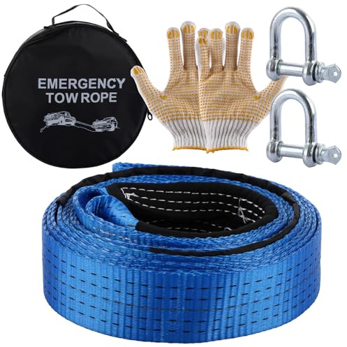 AKOLAFE Tow Rope Heavy Duty 5m x 5cm Tow Strap 10Ton Towing Rope With Reflective Strips, 2 D Shackles, 2 Anti-Proof Gloves, Storage Bag, Tow Rope for Car, Vans, Boats