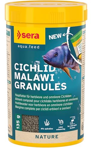 sera Cichlid Malawi Granules 250 ml (135 g) – pflanzenreiches Hauptfutter für Malawi-/aufwuchsfressende Cichliden | langsam sinkendes Granulat | Spirulina & Spinat | für Verdauung & Farben