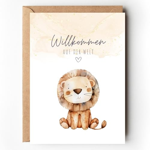 Glückwunschkarte zur Geburt Baby Löwe, geschlechtsneutrale Glückwunschkarte Baby Willkommen auf der Welt, unsiex Geburtskarte Geld Geschenk Geburt Junge Mädchen (1 Klappkarte mit Umschlag)