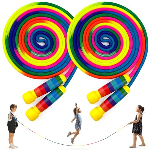 LeapBeast Springseil Kinder, 5M Verstellbare Seilspringen Kinder mit Holzgriff, Farbenfrohes Springseil für Mehrspieler für Kinder & Erwachsene