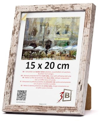 3-B Mega - Marco de fotos vintage blanco rústico con veteado visible de madera (15 x 20 cm, cristal acrílico), marco de madera para fotos y retratos