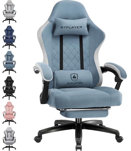 LUCKRACER Gaming Stuhl aus Stoff, Computer Bürostuhl mit Fußstütze, Racing Gamer Stuhl 150kg Belastbarkeit, 90-135° Rückenlehne einstellbar Ergonomischer PC Stuhl, 360° drehbar, Hellblau