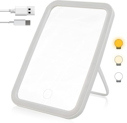 Specchio Trucco con Luce LED Regolabile – Bianco – Compatto, con Cavo USB-C – Illuminazione a Intensità e Temperatura Variabile – Design Elegante per Make-up, Bagno, Viaggi
