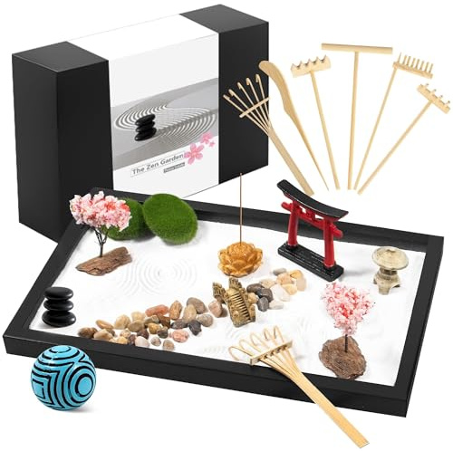 Wacloud Zen Garden Kit for Desk Decor – Japanese Mini Zen Sand Garden with 10+ Tools & Accessories, Bamboo Rakes, Torii Gate, Incense Holder & Gift Box – Stress Relief Desk Ornament for Home & Office