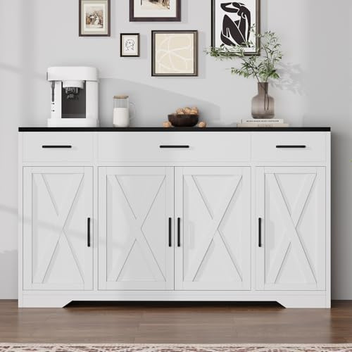 SLEKVERSA 55 Sideboard with Storage Kitchen Storage Cabinet with 3 Drawers, Modern Large Wood Farmhouse Buffet Cabinet TV Stand Coffee Bar for Living Room Hallway
