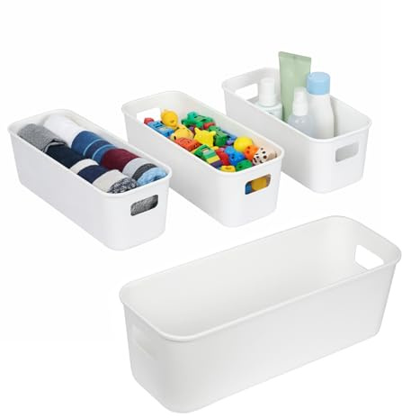 Otcboimo 4 Pack Narrow Storage Bins, 10cm Wide Slim Plastic Storage Baskets for Shelves, Kitchen Cupboard & Bathroom Cabinet Organiser, Rectangular Drawer Storage Boxes, White