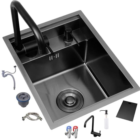 Évier de cuisine noir avec couvercle caché et robinet pliable pour appartements, camping-cars