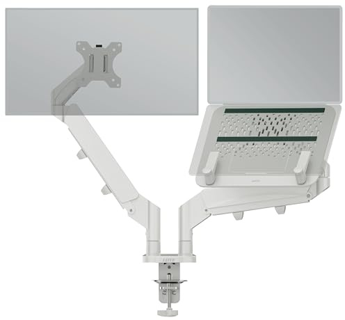 Leitz Ergo Platzsparender Doppel-Monitorarm mit Laptophalter für 17–32 Zoll, Kombinierter Monitor- und Laptopständer, Dreh- und Kippfunktion, 18 kg Tragkraft, 65380085