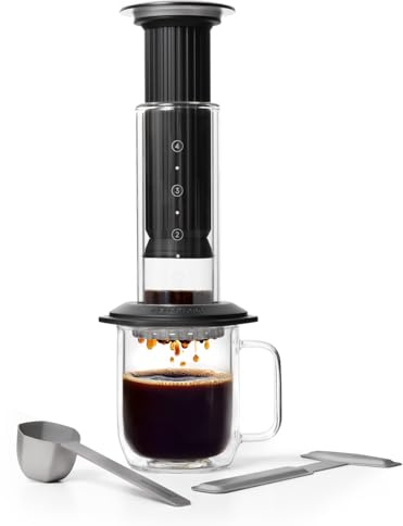 AeroPress Cafetière à piston Premium en verre, acier inoxydable et aluminium, tout-en-un French Press et cafetière expresso manuelle, infusion 2 min pour moins d’amertume et plus de saveur, Noir