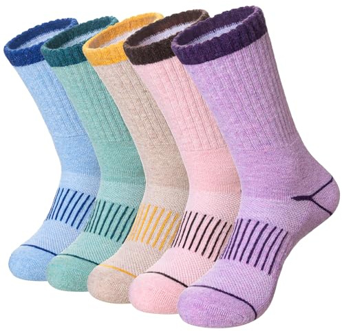 AMENLAN Women Merino Wool Hiking Socks Winter Thermal Boot Thick Warm Work Socks 5 Pairs (Purple Pink Green,Medium)