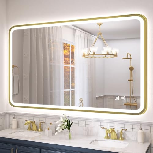 S'bagno Miroir Salle de Bain avec Eclairage 120x70 cm, Miroirs de Salle de Bain avec Cadre Aluminium, Anti-Buée, 3000-6500K, Fonction Mémoire, IP44 Miroir LED Salle de Bain, Horizontal/Vertical, Doré