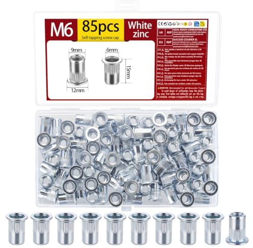 85 Pcs M6 Rivet Nuts, Flat Head Rivnut Kit, Threaded Insert Nutserts | White Zinc Carbon Steel Threaded Rivnuts Assortment Kit for Metal Sheets, Electrical Appliances, Industrial Products