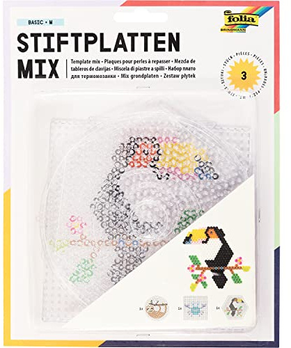 folia 73214 - Bügelperlen Stiftplatten Mix, BASIC MEDIUM, 3 Motive sortiert, 3 transparente Steckplatten für Bügelperlen mit einem Durchmesser von 5 mm, Kreis, Quadrat und Sechseck